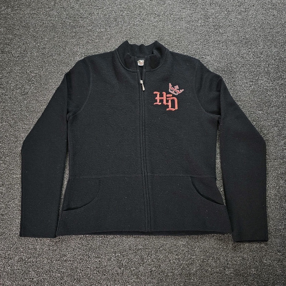 Harley-Davidson Full Zip Jacket Womens Medium Black Wool Cycle Queen Rhinestone